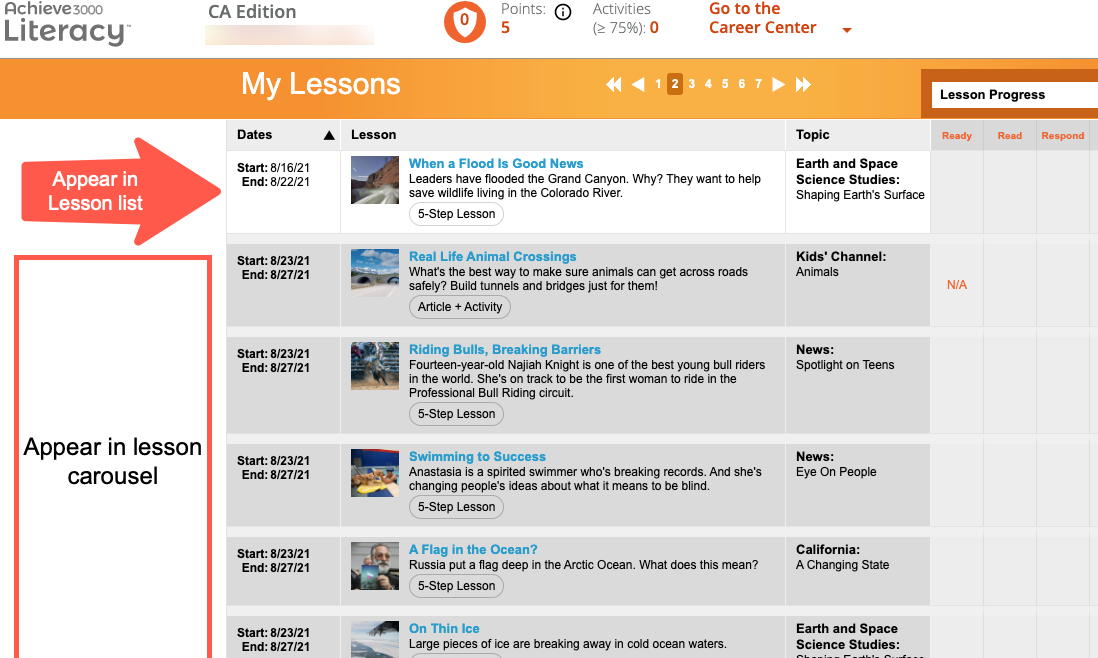 Achieve3000 Literacy: Các dạng bài học giúp rèn kỹ năng đọc - viết của My lessons